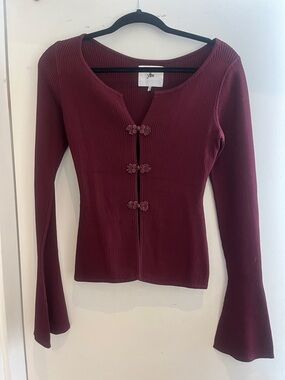 Floral-Button Ribbed Cardigan in Burgundy